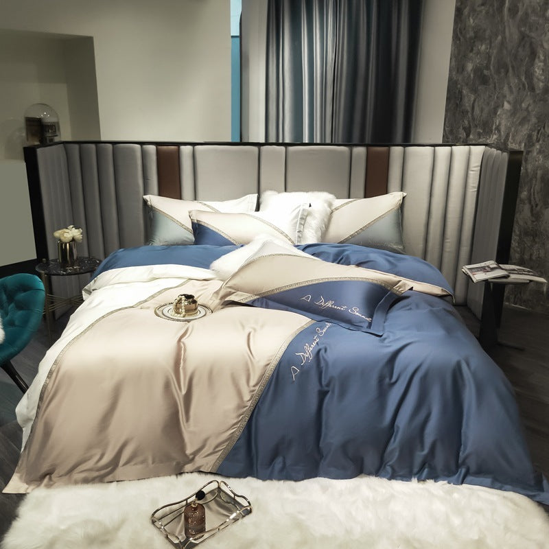 KTX-604115 Aegean Sea Colored Embroidered Geometric Quilt Cover with Contrast Stitching