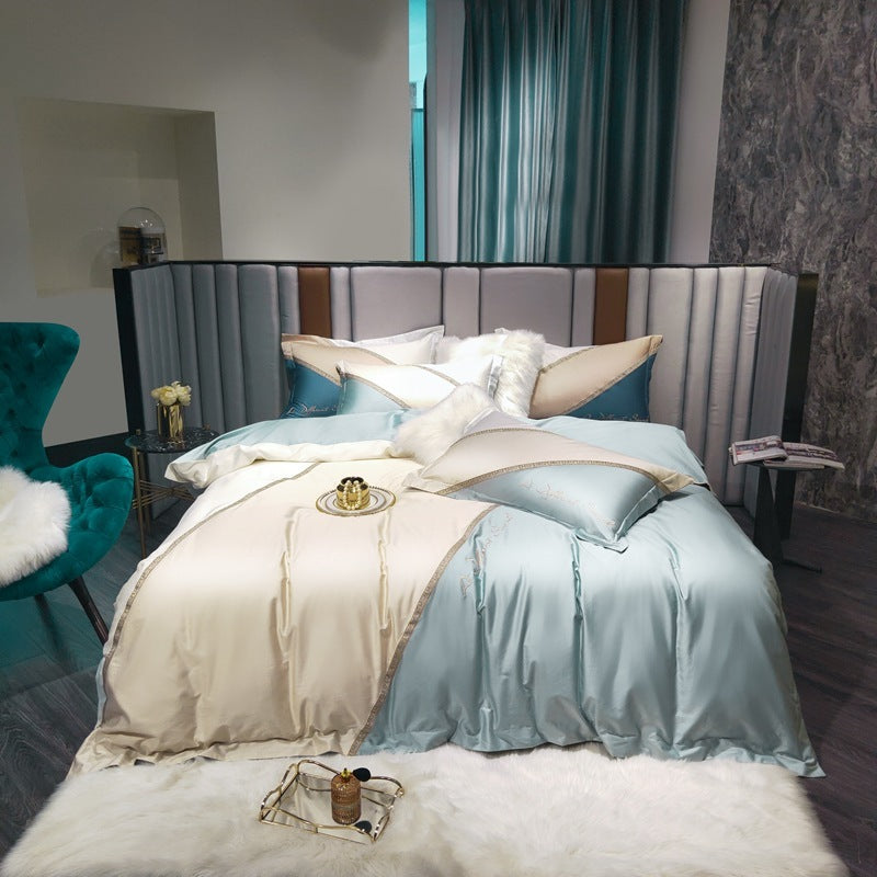 KTX-604115 Aegean Sea Colored Embroidered Geometric Quilt Cover with Contrast Stitching