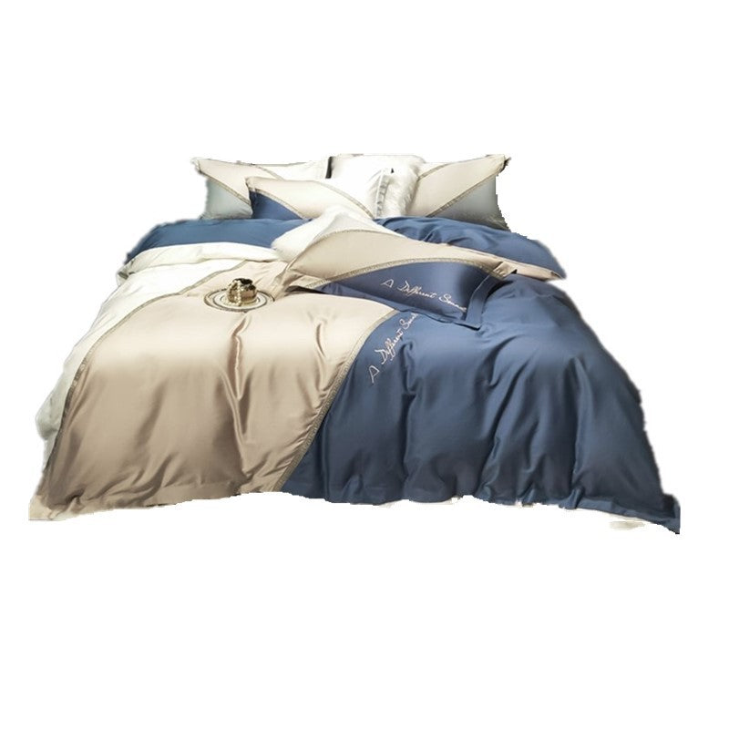 KTX-604115 Aegean Sea Colored Embroidered Geometric Quilt Cover with Contrast Stitching