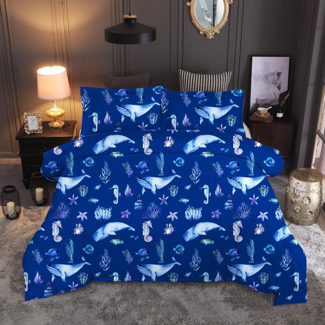 KTX-604115 Ocean-Inspired Three-Piece Quilt Cover Set with Sea Turtle Designs in Various Sizes