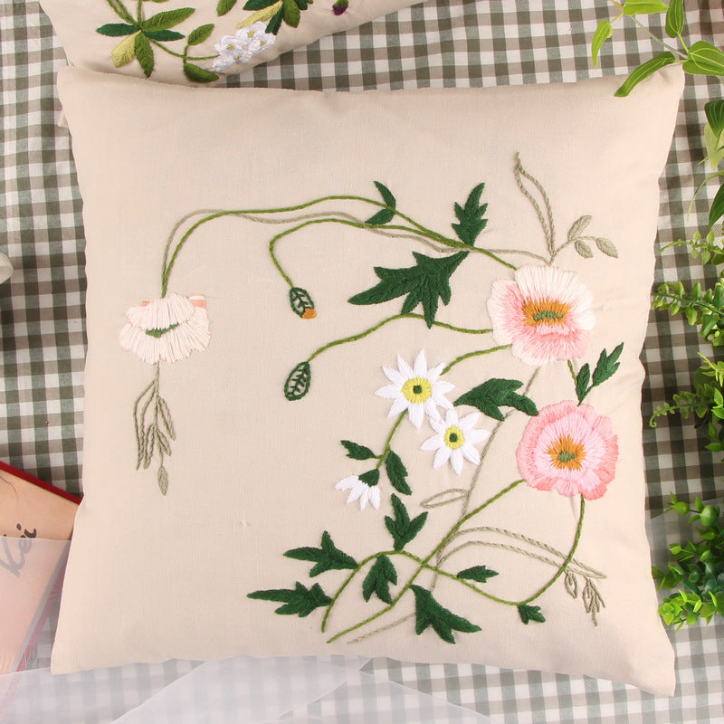 KTX-604179 Handmade Embroidery Material Package for Pillow Cover – Cotton Cloth, 42x42cm, Floral Patterns