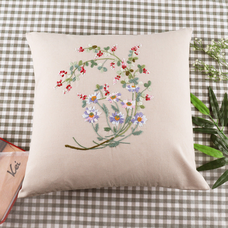 KTX-604179 Handmade Embroidery Material Package for Pillow Cover – Cotton Cloth, 42x42cm, Floral Patterns