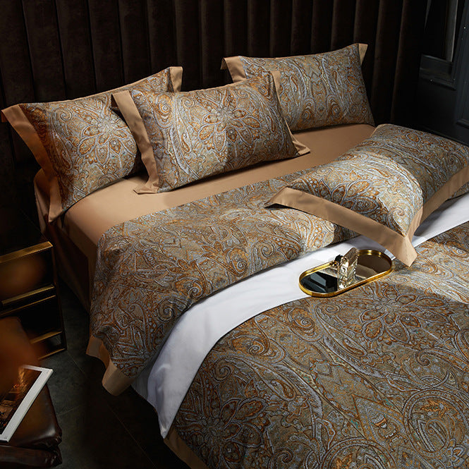 KTX-605587 Cotton Satin Digital Printed Four-Piece Bedding Set in Nordic Style, Includes Bed Sheet, Duvet Cover, and Pillowcases