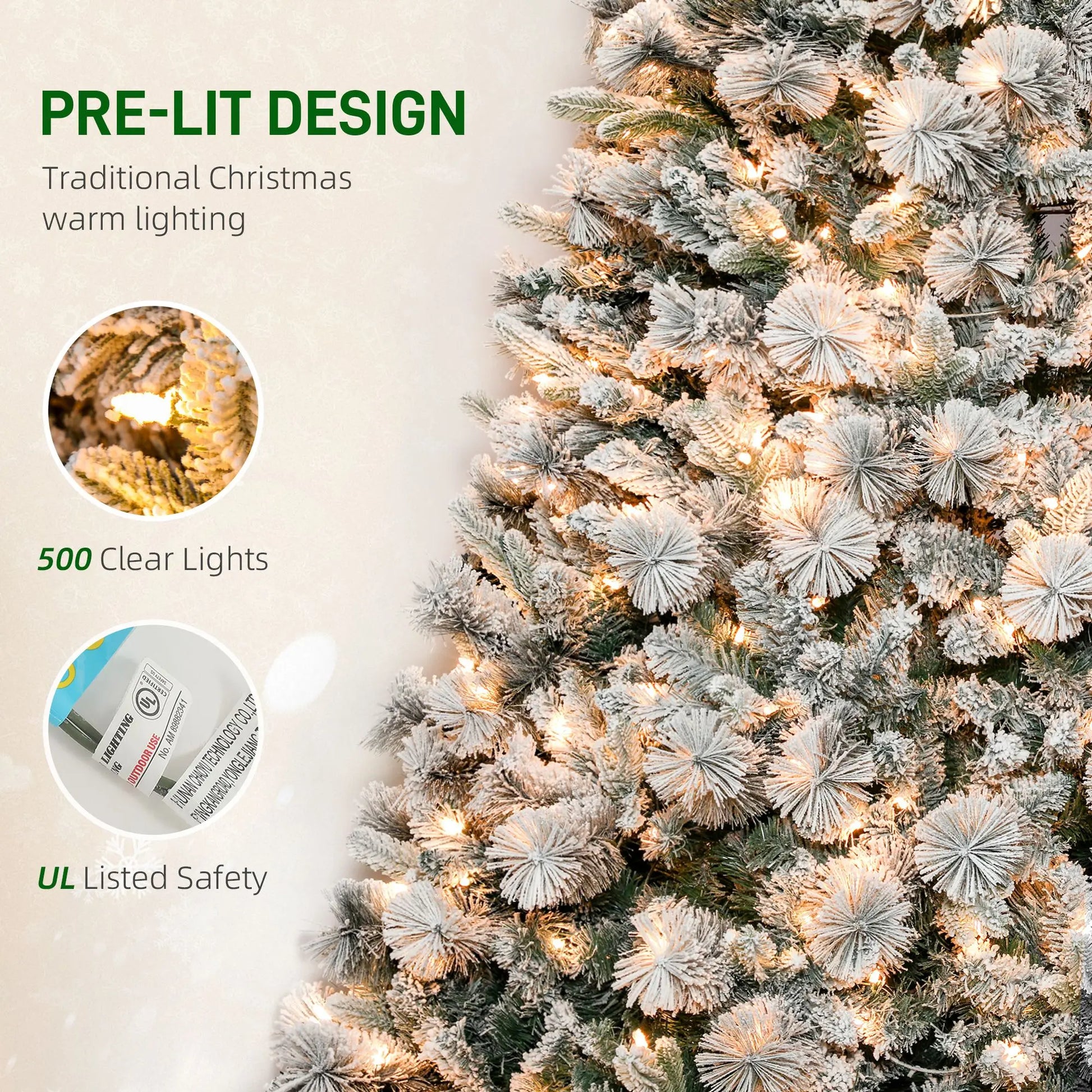 KTX-609491 7.5 ft Prelit Flocked Christmas Tree with 500 Clear Lights and Metal Stand