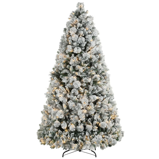 KTX-609491 7.5 ft Prelit Flocked Christmas Tree with 500 Clear Lights and Metal Stand