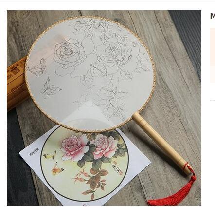 KTX-609811 DIY Round Silk Fan with Wooden Handle - Blank for Hand Painting, 21cm Diameter