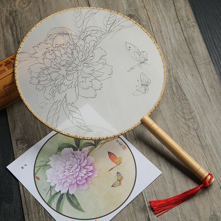 KTX-609811 DIY Round Silk Fan with Wooden Handle - Blank for Hand Painting, 21cm Diameter