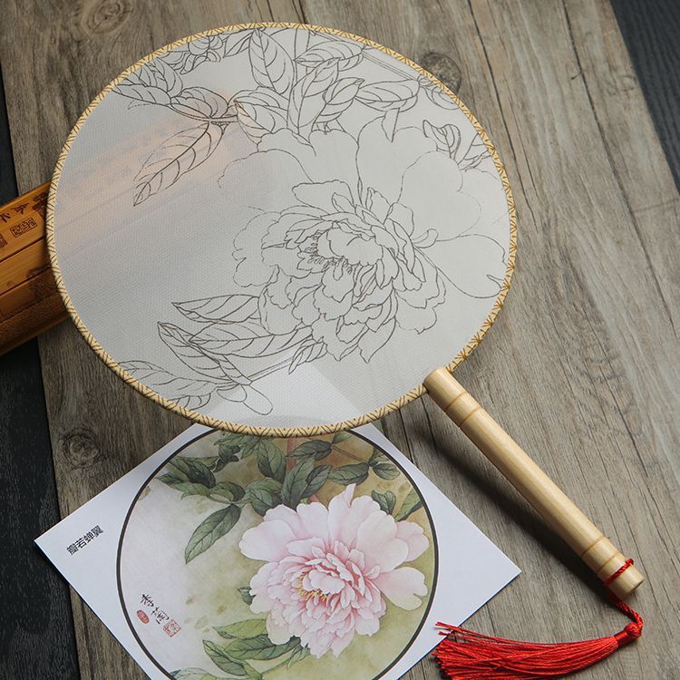 KTX-609811 DIY Round Silk Fan with Wooden Handle - Blank for Hand Painting, 21cm Diameter