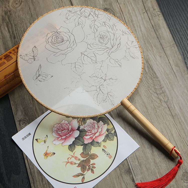 KTX-609811 DIY Round Silk Fan with Wooden Handle - Blank for Hand Painting, 21cm Diameter