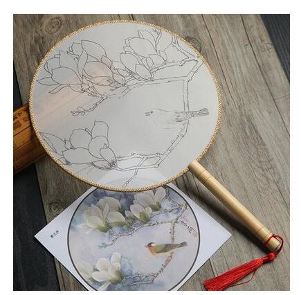 KTX-609811 DIY Round Silk Fan with Wooden Handle - Blank for Hand Painting, 21cm Diameter