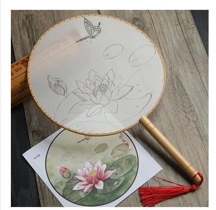KTX-609811 DIY Round Silk Fan with Wooden Handle - Blank for Hand Painting, 21cm Diameter