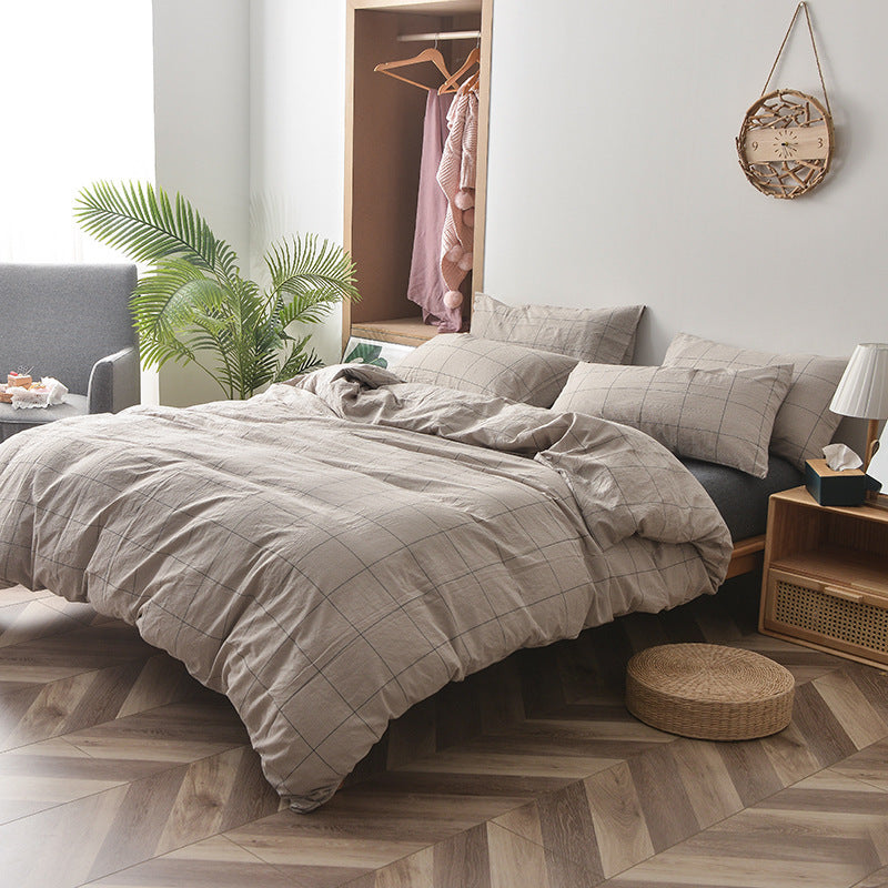 KTX-609875 Cotton Washed Four Piece Bedding Set with Striped Patterns in Multiple Colors