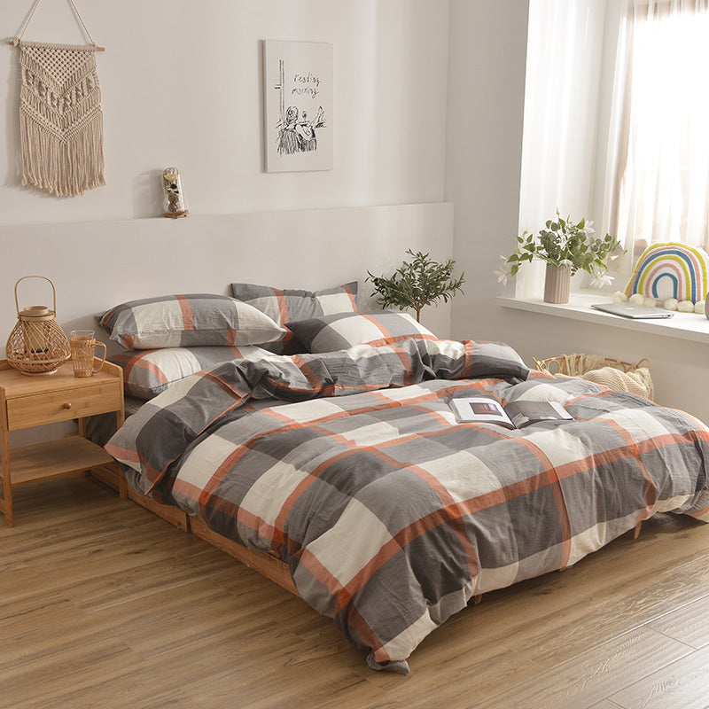 KTX-609875 Cotton Washed Four Piece Bedding Set with Striped Patterns in Multiple Colors