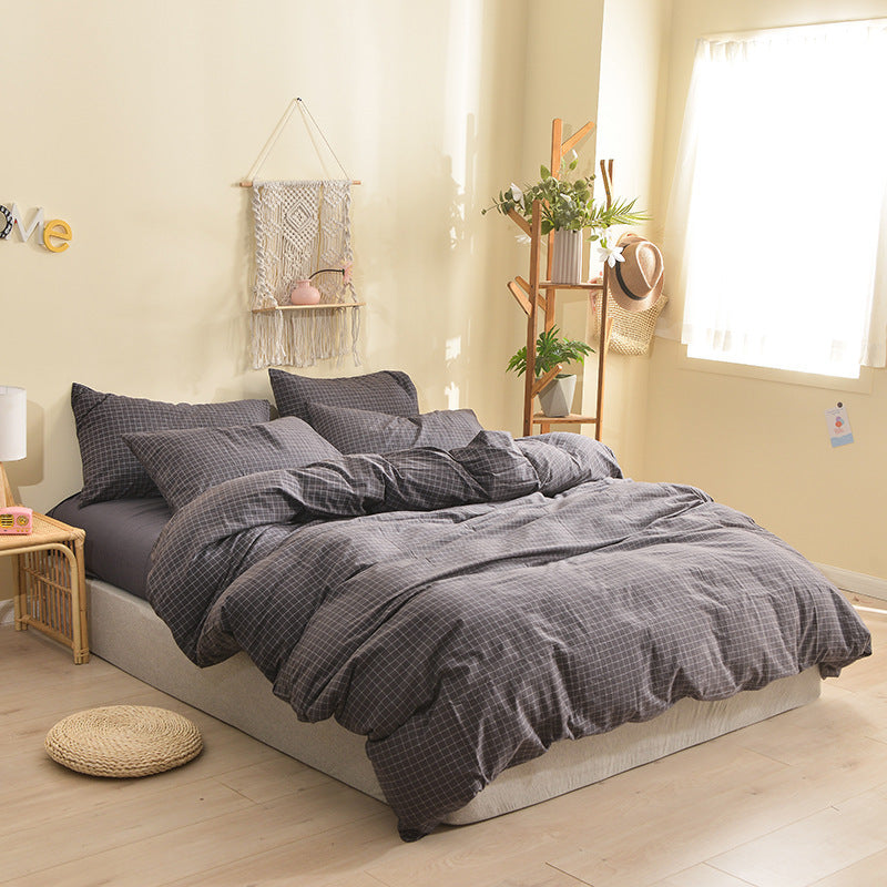 KTX-609875 Cotton Washed Four Piece Bedding Set with Striped Patterns in Multiple Colors