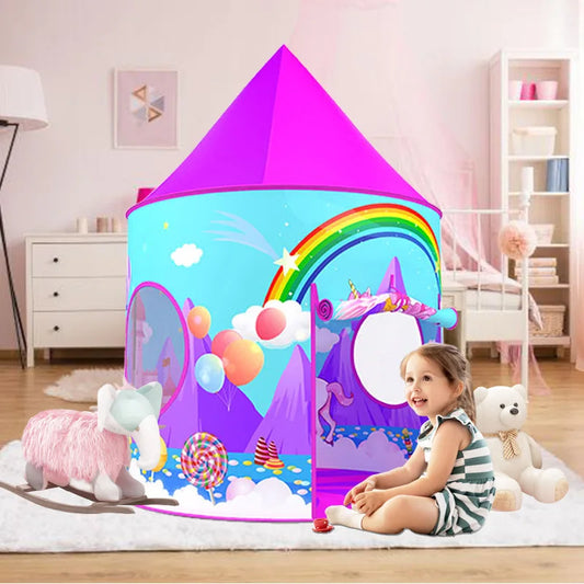 KTX-611283 Rainbow Princess Castle Play Tent - Colorful Indoor Yurt for Kids Ages 2-13, Unicorn Design, Foldable Cloth Toy