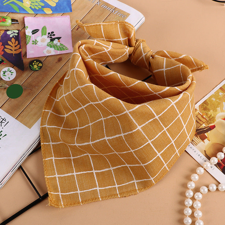 KTX-611603 Checkered Cotton and Linen Silk Scarf - Small Square Towel - 45CM - Available in Yellow, Pink, Turmeric, Khaki, Denim