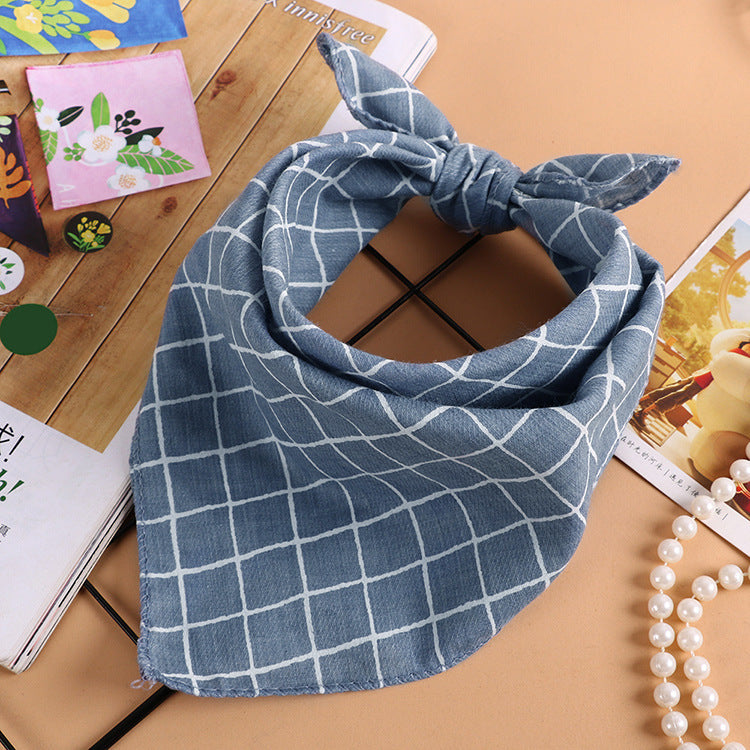 KTX-611603 Checkered Cotton and Linen Silk Scarf - Small Square Towel - 45CM - Available in Yellow, Pink, Turmeric, Khaki, Denim