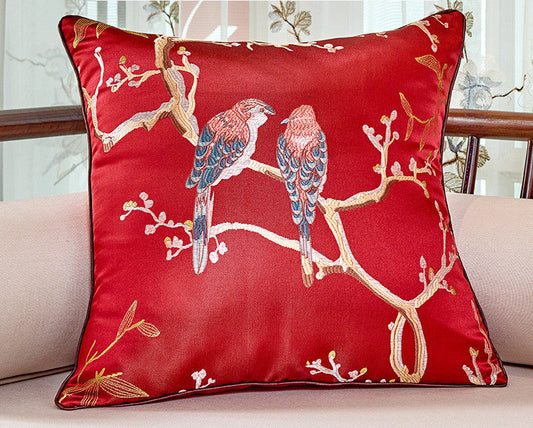 KTX-612179 Flower and Bird Jacquard Throw Pillow for Chair - Red, Beige, Lake Blue, Gold, 30x45cm, 45x45cm
