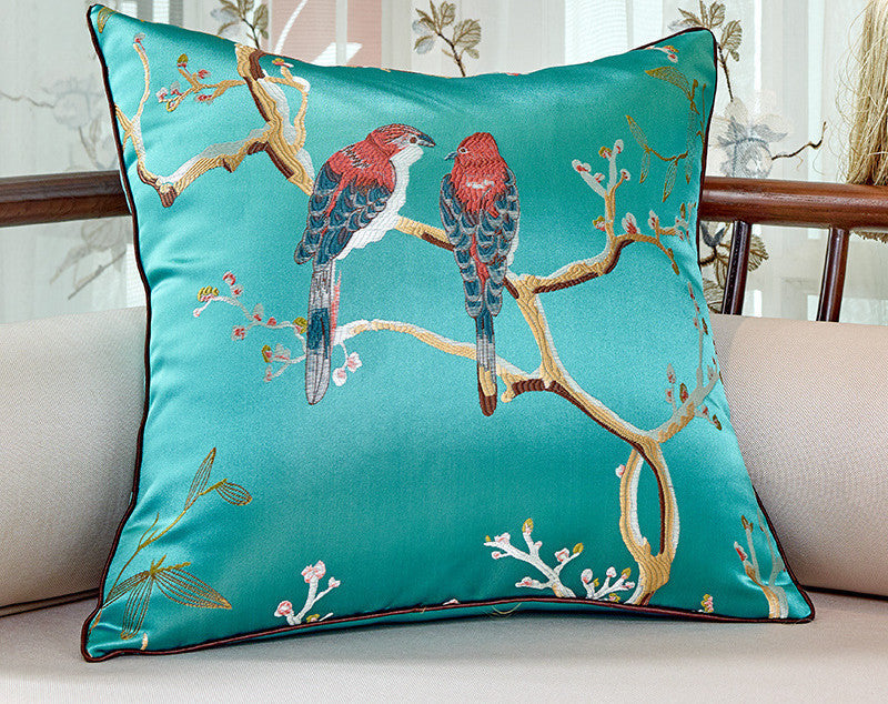 KTX-612179 Flower and Bird Jacquard Throw Pillow for Chair - Red, Beige, Lake Blue, Gold, 30x45cm, 45x45cm