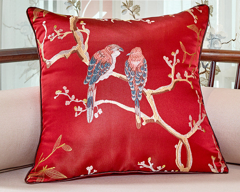 KTX-612179 Flower and Bird Jacquard Throw Pillow for Chair - Red, Beige, Lake Blue, Gold, 30x45cm, 45x45cm