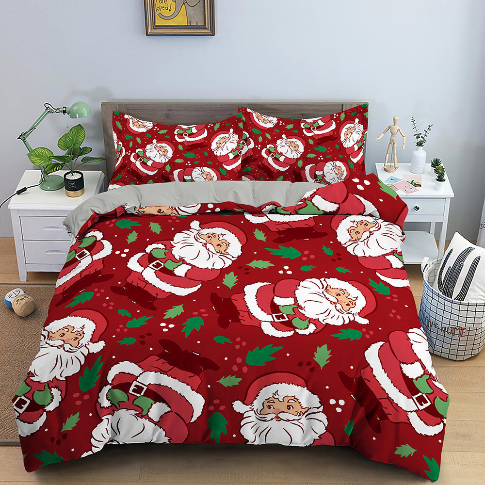KTX-613139 Red Cartoon Santa Claus Three-Piece Digital Printed Bedspread Set for Cozy Seasonal Decor