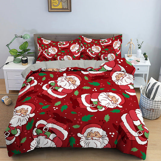 KTX-613139 Red Cartoon Santa Claus Three-Piece Digital Printed Bedspread Set for Cozy Seasonal Decor