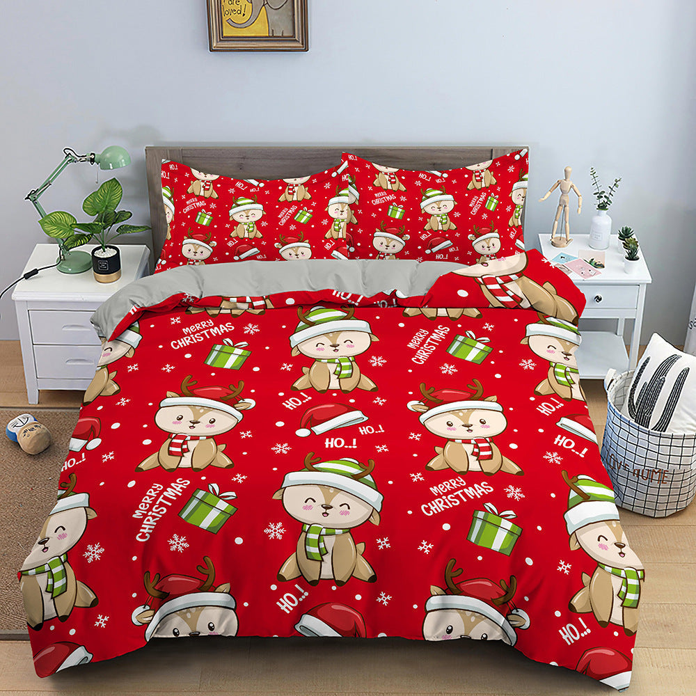KTX-613139 Red Cartoon Santa Claus Three-Piece Digital Printed Bedspread Set for Cozy Seasonal Decor