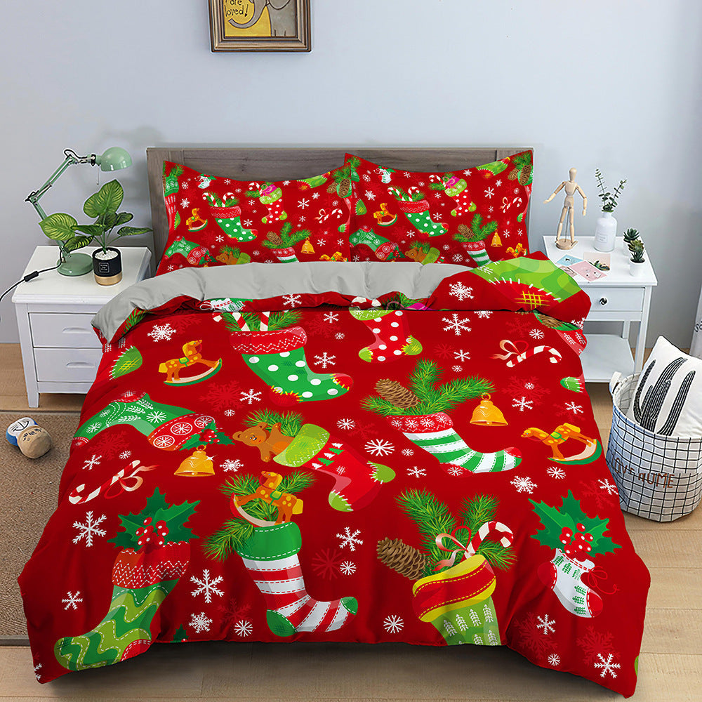 KTX-613139 Red Cartoon Santa Claus Three-Piece Digital Printed Bedspread Set for Cozy Seasonal Decor