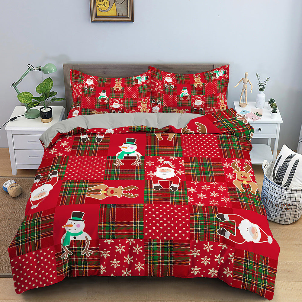 KTX-613139 Red Cartoon Santa Claus Three-Piece Digital Printed Bedspread Set for Cozy Seasonal Decor