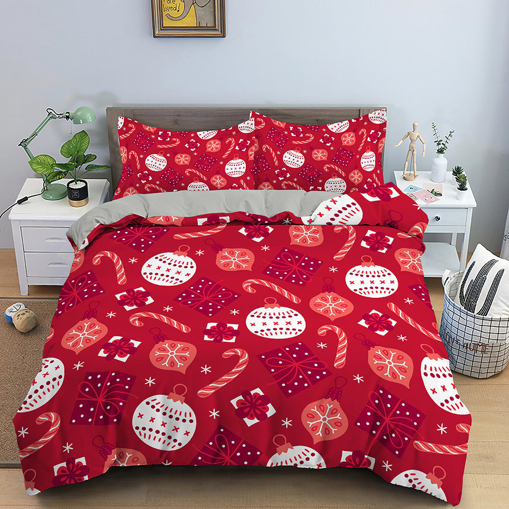 KTX-613139 Red Cartoon Santa Claus Three-Piece Digital Printed Bedspread Set for Cozy Seasonal Decor