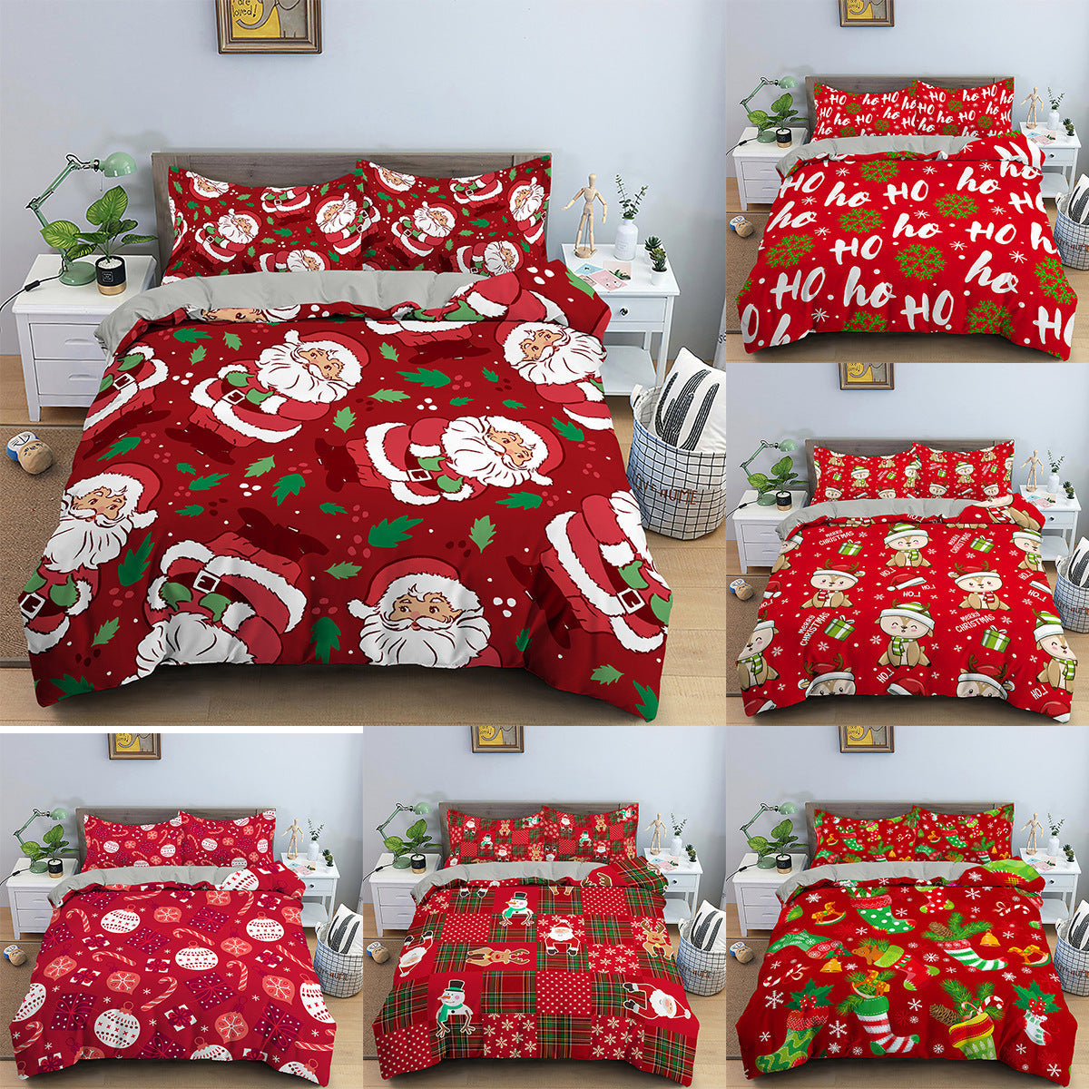 KTX-613139 Red Cartoon Santa Claus Three-Piece Digital Printed Bedspread Set for Cozy Seasonal Decor