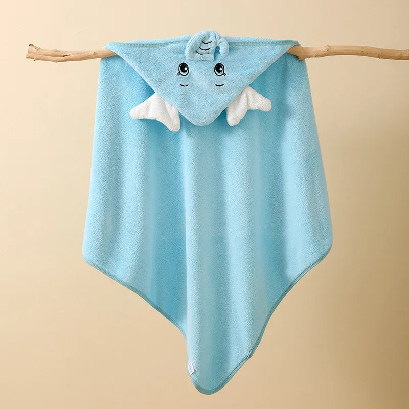 KTX-614163 Super Soft Cartoon Animal Print Hooded Bathrobe Blanket for Newborns - Quick Dry Coral Fleece, 105x105cm