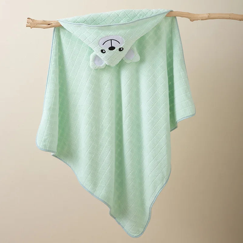 KTX-614163 Super Soft Cartoon Animal Print Hooded Bathrobe Blanket for Newborns - Quick Dry Coral Fleece, 105x105cm