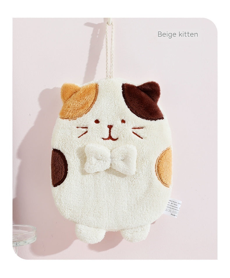 KTX-615059 Cute Kitten Hand Towel - Absorbent Coral Fleece, Lint-Free for Kitchen Use