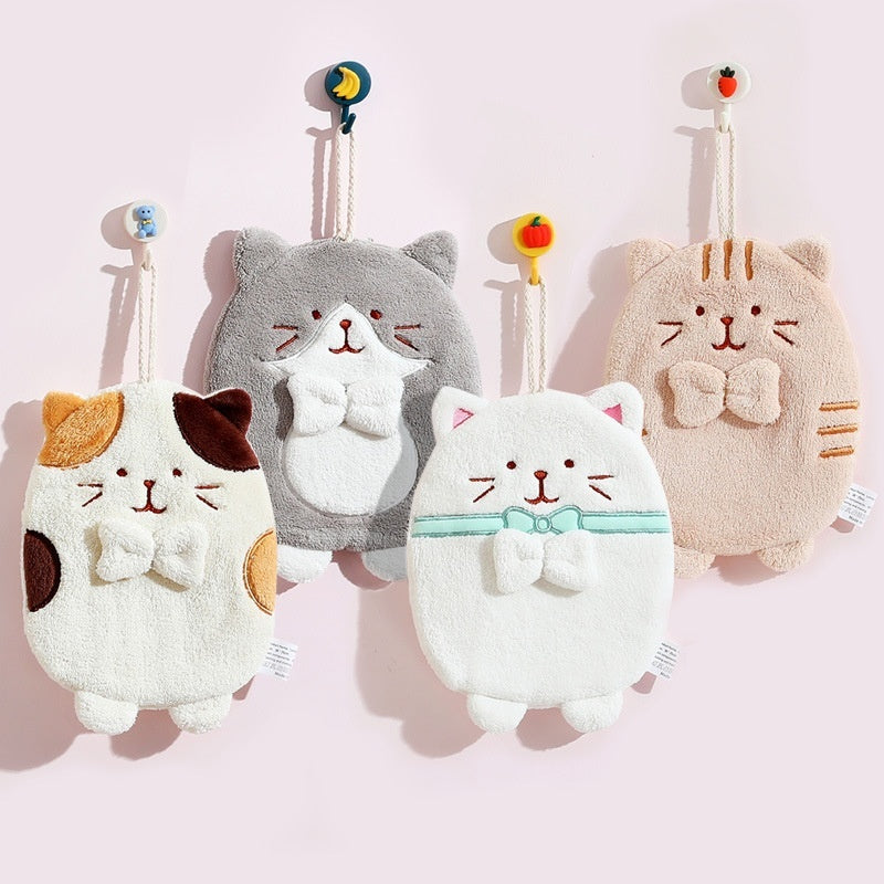 KTX-615059 Cute Kitten Hand Towel - Absorbent Coral Fleece, Lint-Free for Kitchen Use