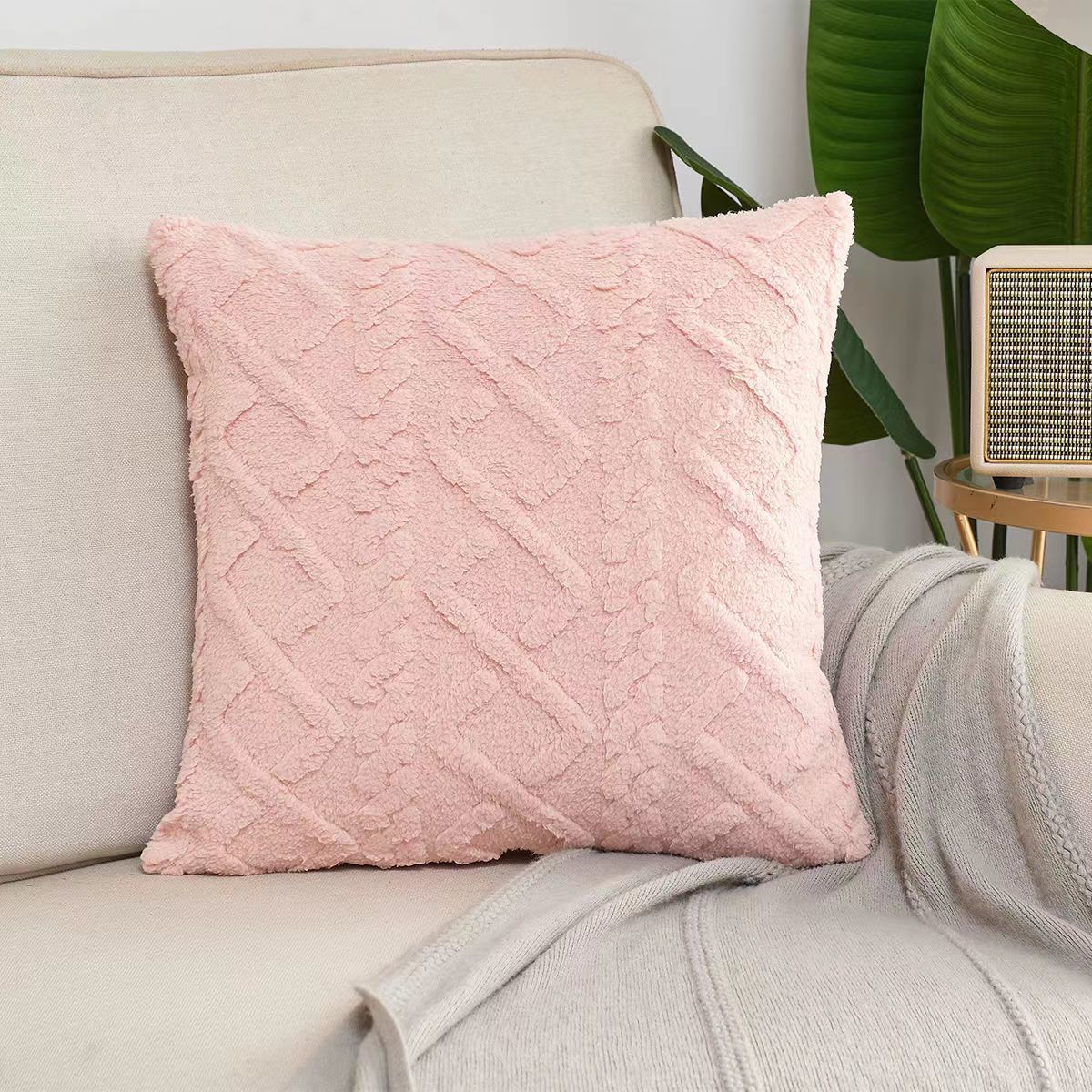 KTX-615443 Shearing Groove Artificial Plush Cushion Cover - Modern Simplicity in Double Black, Double Pink, Khaki, 30x50cm
