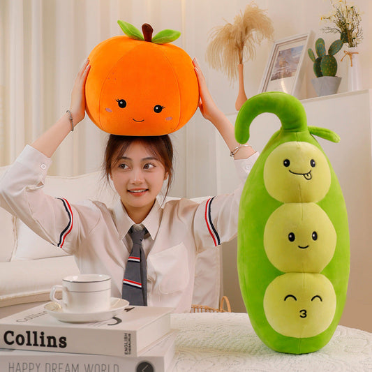 KTX-616595 Cartoon Fruit Plush Pillow Toy for Kids - Orange, Apple, Kiwi, Watermelon, Pepper, Peas Options