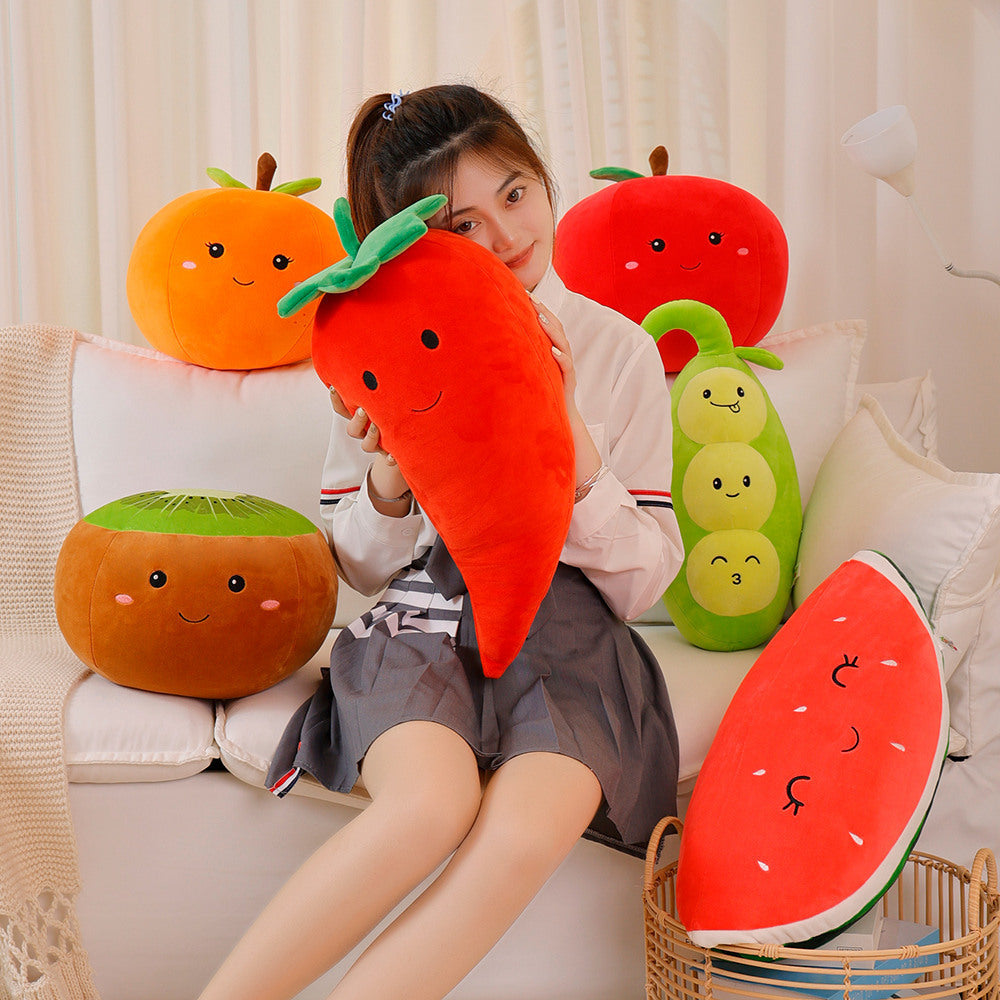 KTX-616595 Cartoon Fruit Plush Pillow Toy for Kids - Orange, Apple, Kiwi, Watermelon, Pepper, Peas Options