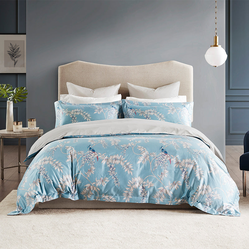 KTX-617747 Long-Staple Cotton Satin Printed Bedding Set - 4-Piece, Floral Design, Midsummer Night/Rovinj, Suitable for 1.5m & 1.8m Beds