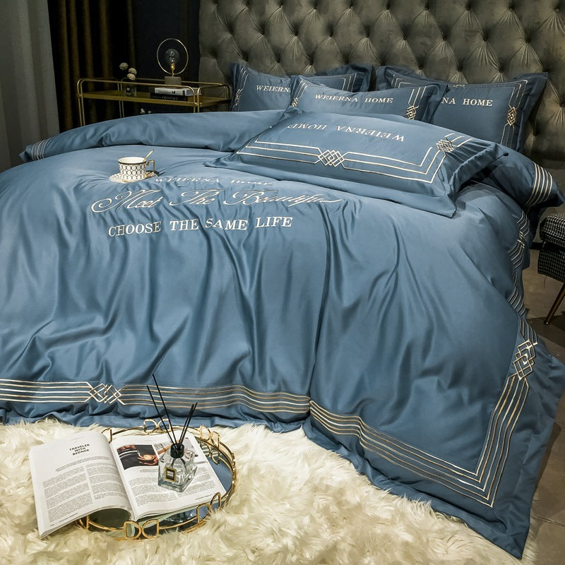 KTX-619091 Embroidered Tencel Quilt Cover Set in European Washed Cotton - 4-Piece Scandinavian Floral Design