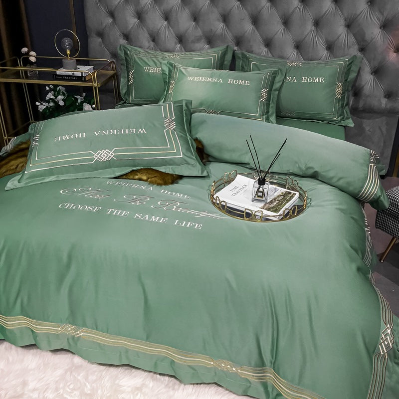 KTX-619091 Embroidered Tencel Quilt Cover Set in European Washed Cotton - 4-Piece Scandinavian Floral Design