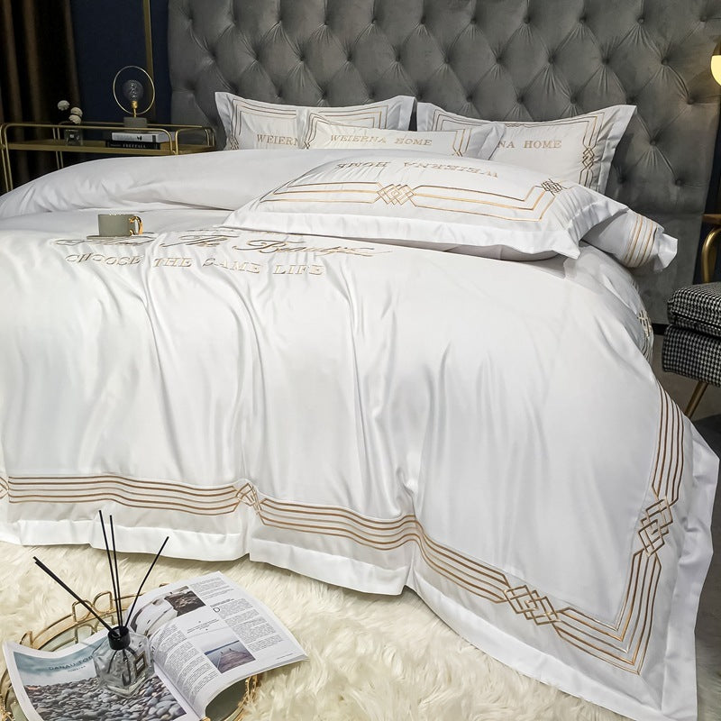 KTX-619091 Embroidered Tencel Quilt Cover Set in European Washed Cotton - 4-Piece Scandinavian Floral Design