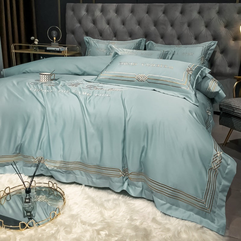 KTX-619091 Embroidered Tencel Quilt Cover Set in European Washed Cotton - 4-Piece Scandinavian Floral Design