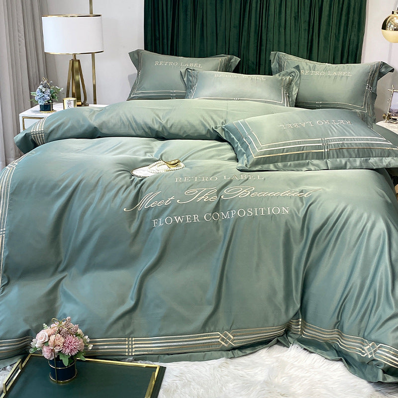 KTX-619091 Embroidered Tencel Quilt Cover Set in European Washed Cotton - 4-Piece Scandinavian Floral Design