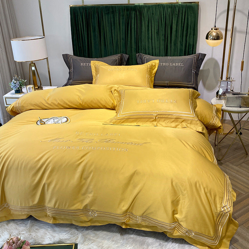 KTX-619091 Embroidered Tencel Quilt Cover Set in European Washed Cotton - 4-Piece Scandinavian Floral Design