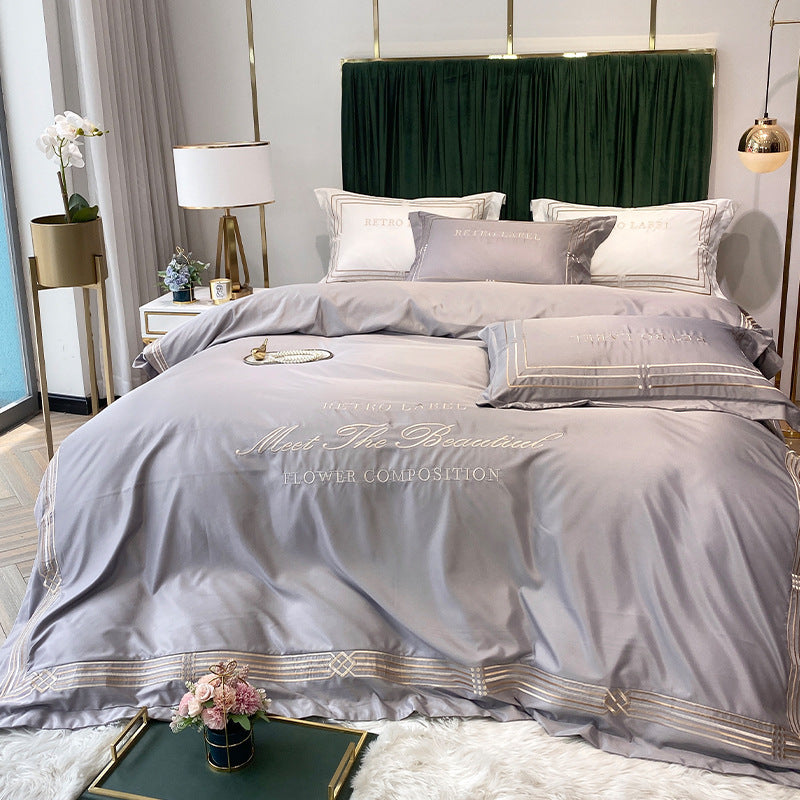 KTX-619091 Embroidered Tencel Quilt Cover Set in European Washed Cotton - 4-Piece Scandinavian Floral Design