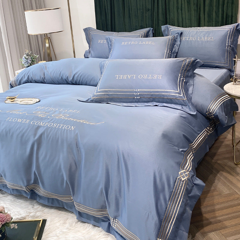 KTX-619091 Embroidered Tencel Quilt Cover Set in European Washed Cotton - 4-Piece Scandinavian Floral Design