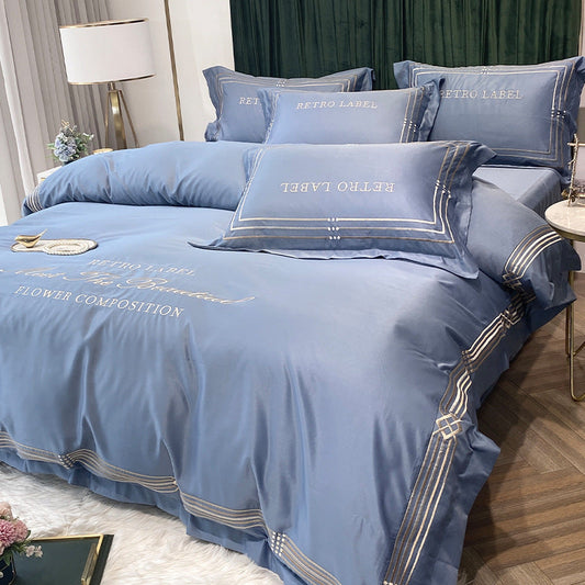 KTX-619091 Embroidered Tencel Quilt Cover Set in European Washed Cotton - 4-Piece Scandinavian Floral Design