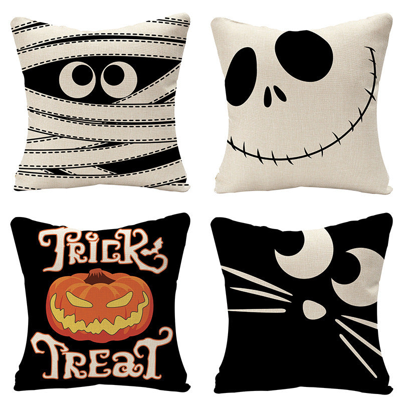 KTX-619923 Halloween-Themed Linen Print Pillowcase in Various Designs