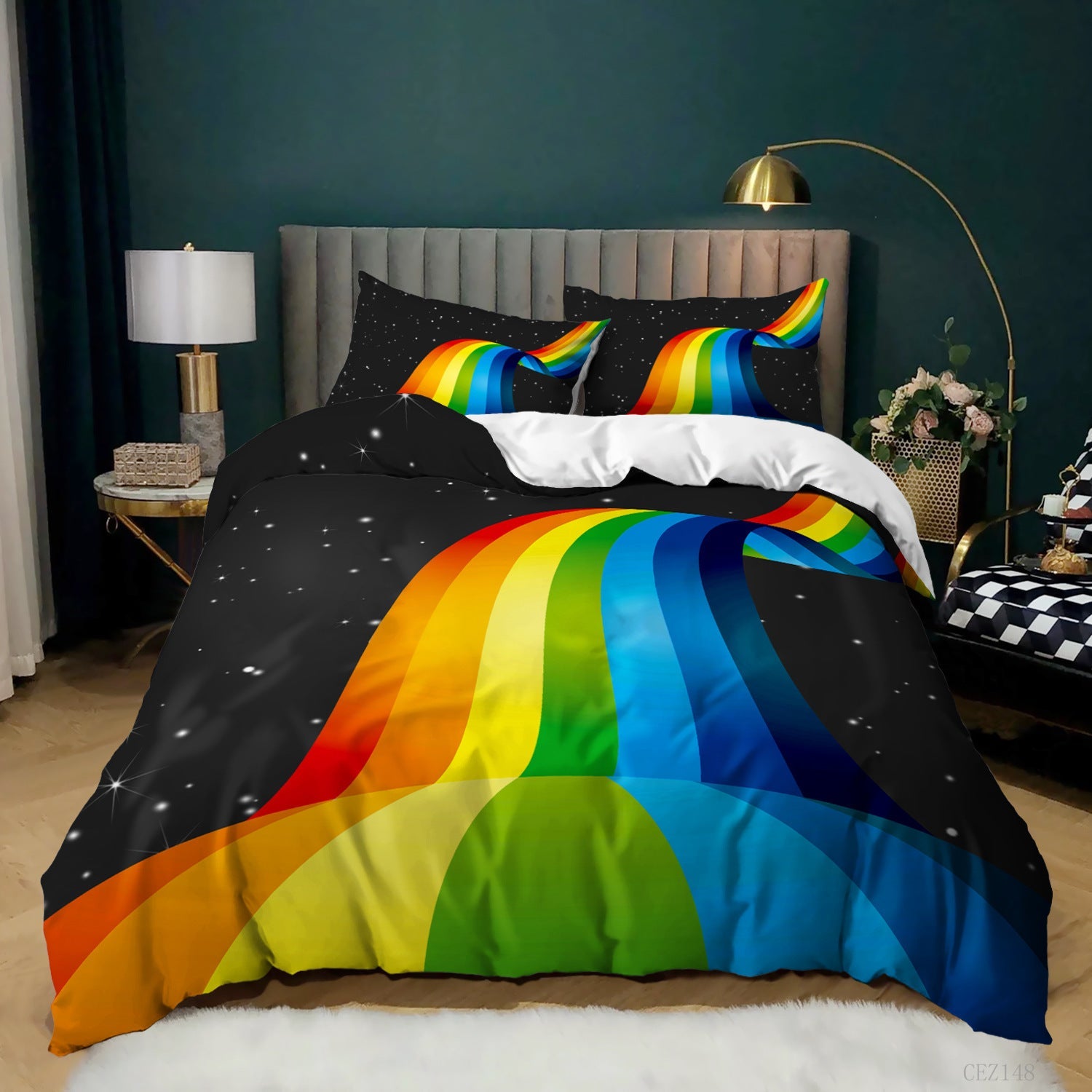 KTX-620243 Music Rainbow 3D Digital Print Bed Sheet Set - Modern Chemical Fiber Design in Multiple Dimensions
